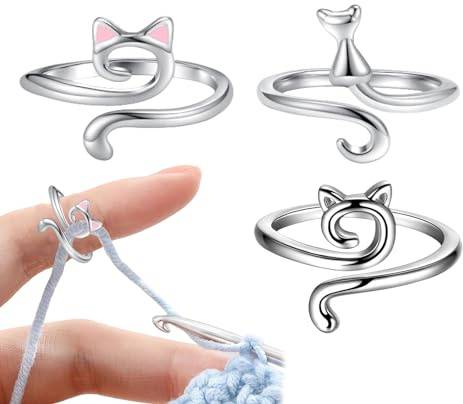 Patonde 3 Pezzi Anello Uncinetto Regolabile Anello per Maglieria a Forma di Gatto per Dito Guida al Filato Uncinetto Regali per Donna Knitters uncinetti