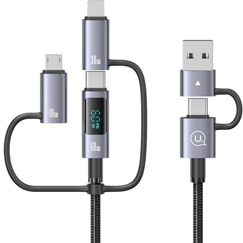 enablink Multi 6 i 1 USB C-laddningskabel, 60 W USB-kabel multiladdning med LED-skärm USB A/C till iP/Micro/Typ C 2 M nylon universell laddningskabel för Galaxy bärbar surfplatta