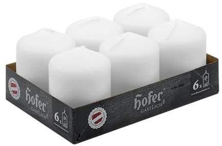 Hofer Candele a Colonna - Bianche - 60 x 80 mm - Durata di 25 Ore - Inodore - Cera Antigoccia - Set da 6 Ceri Piccoli per Decorazione