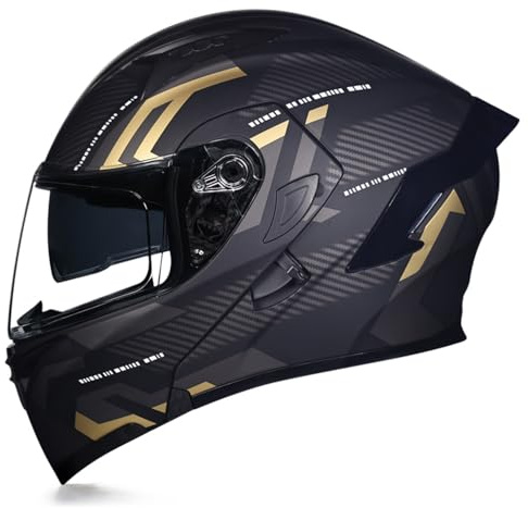 Woljay Full Face Flip Up Motorcycle Modular Helmet Integrated Motorbike Dual Visor for Adults Men Women Moped Street Racing DOT Approved (M,Count Black Gold - Transparent Visor)