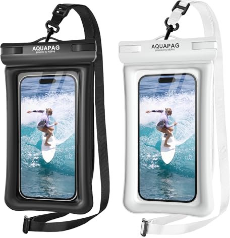 Hoonyer IP68 Funda Impermeable Móvil con Cordón de Cuello Ajustable - [2 Unidades], Estuche para Teléfono Flotable y Impermeable, Bolsa Seca para Vacaciones, Playa, Piscina y Viajes (Negro-Blanco)