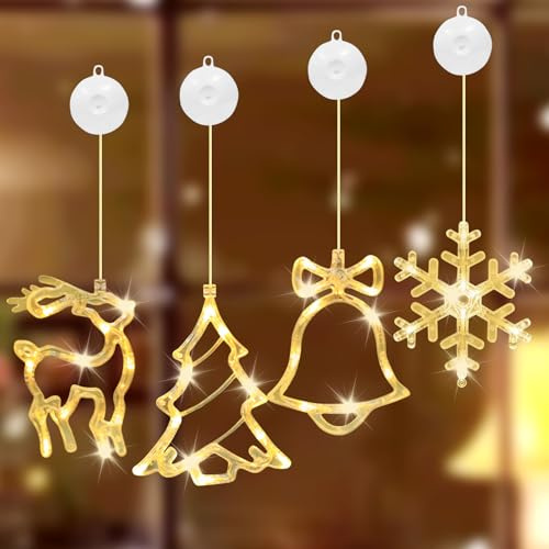 4 stycken LED-fönsterdekoration, jul, julbelysning, fönster, juldekoration inomhus med sugkoppar, snöflingor, julgran, klocka och renmotiv, varmt vitt ljus, batteridriven