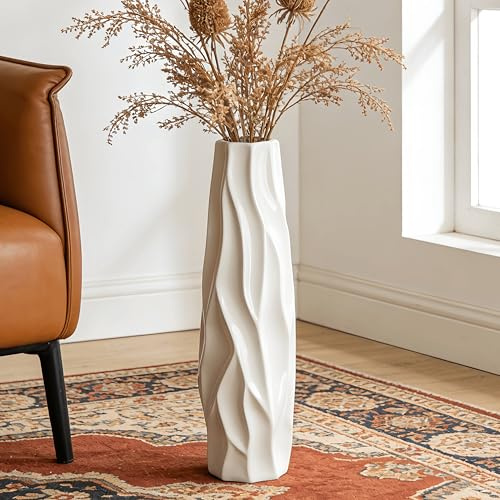 JIDOFUE Vaso da pavimento in ceramica bianca, 60 cm, decorazione minimalista per soggiorno, fiori e erba della pampa, design chic