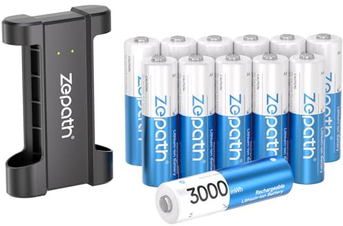 Zepath 12 x AA Rechargeable Lithium Batteries With 2 Slot Charger, High Capacity 3000mAh Lithium AA Battery 1.5V Constant Output 1600 Cycles, Rechargeable Battery Charger Fast Charging