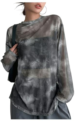 Verdusa Women's Y2k Tie Dye Sheer Mesh Top Long Sleeve Oversized Rave Streetwear Tops Whimsical Clothes Black and White Large
