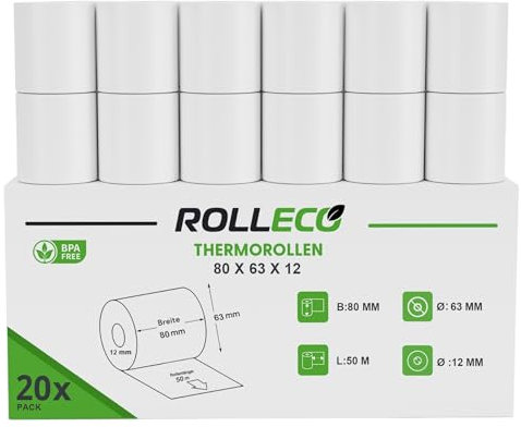 Thermorollen 55gsm 80 x 50m x 12mm Bonrollen/Kassenrollen Bpa frei für alle gängigen Thermo Kassen-Bondrucker B: 80mm x L: 50m Ø63mm (20)