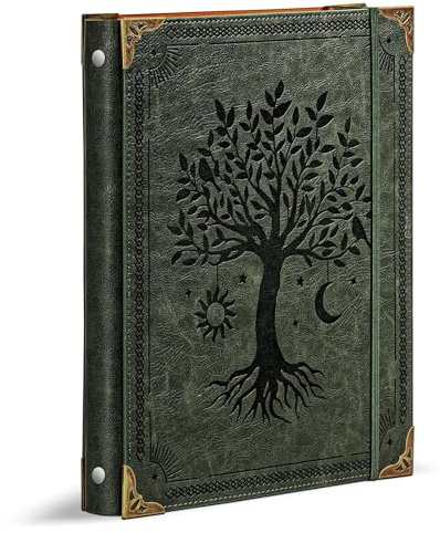 Ovesmusl Leather 3 Ring Binder Fits 8.5x11 Letter Size Paper, 1 Inch Round Ring Binder Holds 200 Sheets, Notebook Cover Loose Leaf Organizer, Green Tree