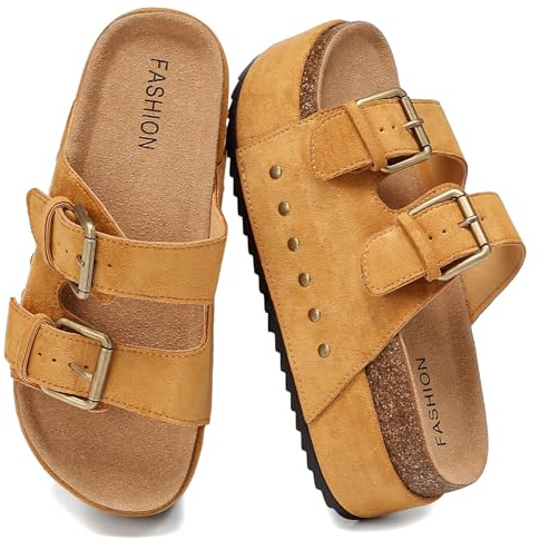 YorFotMae Women's Platform Sandals Cork Footbed with Double Buckles， Summer Chunky Wedge Sandals Wide Width Slides Comfort Beach Clogs Sandals