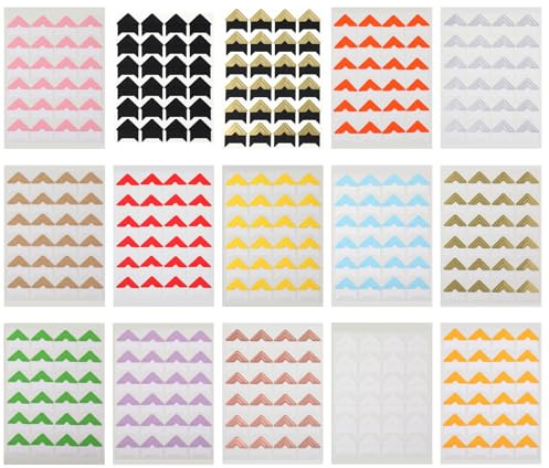 Larrel 15 Blatt/360 Stück Fotoecken Selbstklebend, Bunte Foto Ecken Klebe Foto Aufkleber 12 Farben Fotoecken Klebeecken zum Kleben für Fotos für DIY Scrapbooking Fotoalbum Tagebuch