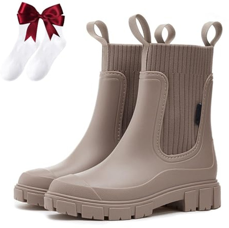 Waterproof and Non-Slip Mid-Calf Boots with Thick Soles,Ladies Orthotic Rain Boots with Arch Support,Elastic Slip on Waterproof Lightweight Slip Resistant Garden Booties(Apricot,7 UK)