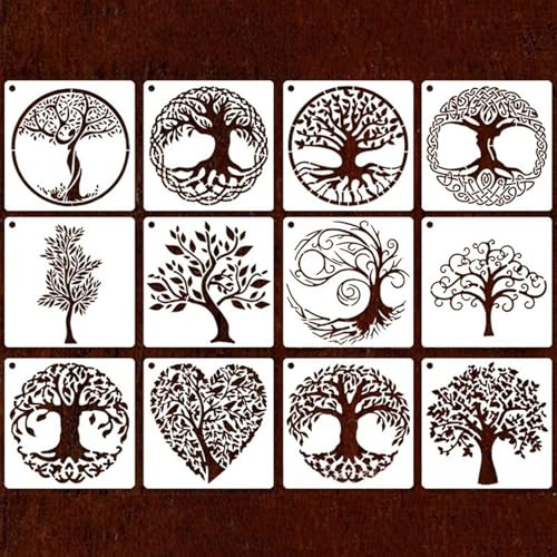 12 Stencil di Pittura con Motivo Albero della Vita, Stencil Riutilizzabili per Artigianato e DIY, per Pittura su Parete Legno Tessuto, Stencil Personalizzato