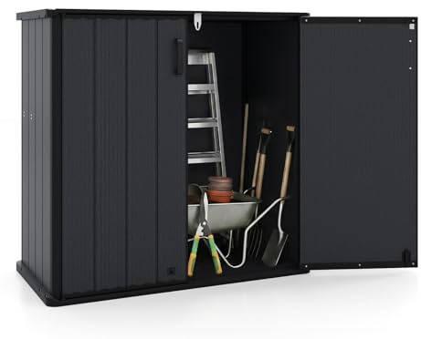 COSTWAY Armoire de Rangement Extérieur en HDPE, Organisateur d’Outils avec Plancher Porte Verrouillable Toit Rainuré, Abri de Stockage Imperméable pour Jardin Patio Cour, 120 x 65 x 117 cm (Noir)