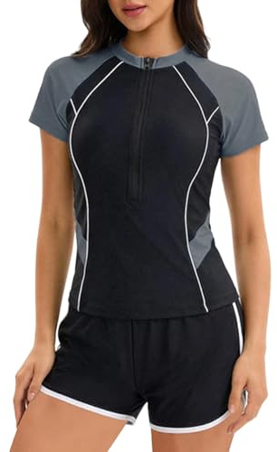 Dam Rashguard baddräkt med halv dragkedja, korta ärmar, färgblock, design inklusive badbyxor, tvådelad tankini för simning, pool, strand, semester, GRÅ, XL