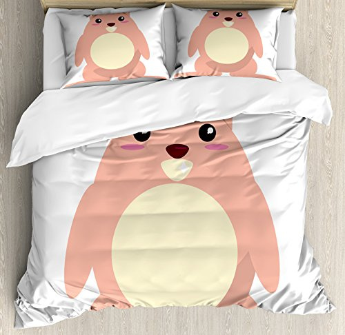 Ambesonne Anime Duvet Cover Set, Beaver Cartoon in Kawaii Style Funny Character for, Decorative 3 Piece Bedding Set with 2 Pillow Shams, Queen Size, Pale Coral and Cream