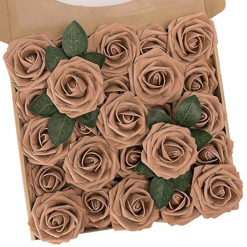 N&T NIETING Roses Artificial Flowers, 25pcs Brown Fake Flowers Bulk Perfect for DIY Wedding Bridesmaid Bridal Bouquets Centerpieces Party Home Flower Arrangement Fall Decoration, Light Brown