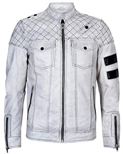 Veste de Motard Moto en Cuir Blanc 100% Zip pour Homme S