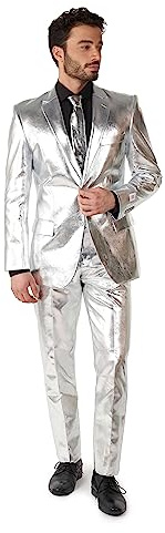 OppoSuits Traje Plateado para Hombre, Disfraz de Fiesta de Año Nuevo y Navidad, Plateado metálico Brillante, Incluye Chaqueta, Pantalones y Corbata a Juego, Plata Brillante, 64