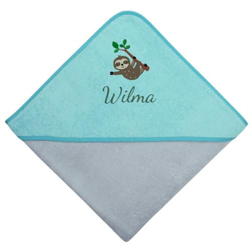 Wolimbo Kapuzenhandtuch personalisiert mit Namen und Motiv - grau-türkis - 100x100 cm - für Baby und Kinder