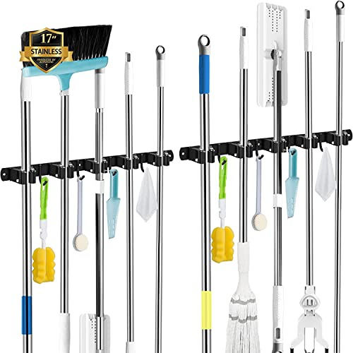 Sköthållare Vägg, 5 hållare och 4 krokar svart 2 Pack Heavy Duty Verktygshållare Självhäftande, Sköthållare med Spikar Installera, Trädgårdsverktygshållare