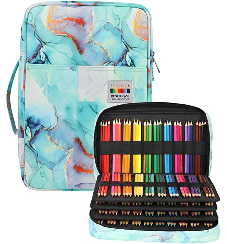 JAKAGO 304 Slots Trousse Crayons,4 Compartiments Trousse Crayon de Couleur Grande Capacité Pochette Sac Porte-Stylo pour Le Rangement de Feutres Crayons Aquarelle Gomme (Marble Green)