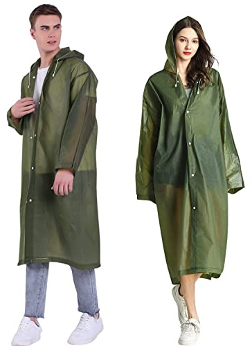 Gerhannery Regenponcho Wiederverwendbar, 2 Stück Wasserdicht Regenmantel für Damen Herren, Tragbarer Regencape Atmungsaktiv EVA Regenjacke Regenponcho Regenumhang für Wandern & Reisen (Olivgrün)