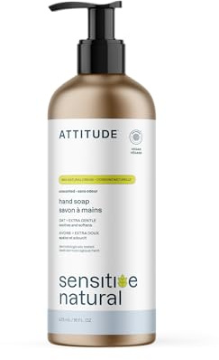 ATTITUDE Gentle Hand Soap for Sensitive Skin, EWG Verified, Enriched with Oats, Dermatologically Tested, Vegan, Unscented, Aluminum Bottle, 473 mL