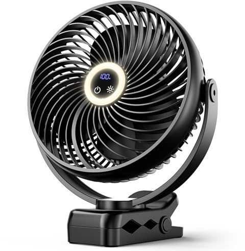 Koonie 10000mAh Portable Clip on Fan with LED Lantern and Hook, 8'' Battery Operated Desk Fan, Quiet Camping Fan with LED Digital Display, 360° Rotation & 3 Speeds for Travel Tent Gym Treadmill