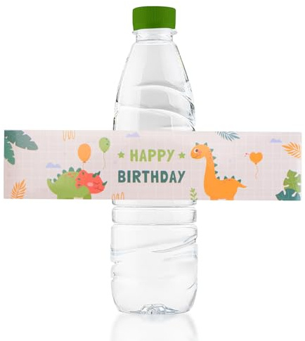 URROMA Etiquetas para botellas de agua de feliz cumpleaños con diseños de dinosaurios, 48 piezas de botellas de despedida de soltera, calcomanías para botellas de despedida de soltera para decoración