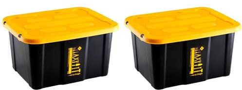 Acan Tradineur - Confezione da 2 scatole impilabili con coperchio, in plastica, cassettiera multiuso, ordinazione, utensili, casa, prodotto in Spagna (17 litri, giallo/nero, 39,5 x 31,5 x 22 cm)