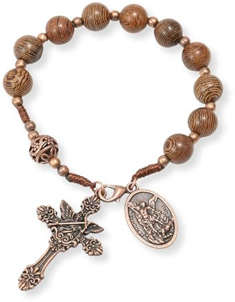 Nazareth Store Wood Beads One Decade Rosary Bracelet Handmade Car Mirror Catholic Prayer Beads with St. Michael Medal and Cross Travel-Friendly, Wooden Chaplet