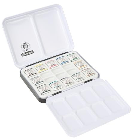 Schmincke – HORADAM® AQUARELL, stabiler, kompakter Metallkasten mit 12 halben Näpfchen Horadam Aquarell, feinste Künstler-Aquarellfarben, 74 657 097, Grundsortiment, Porzellanpalette