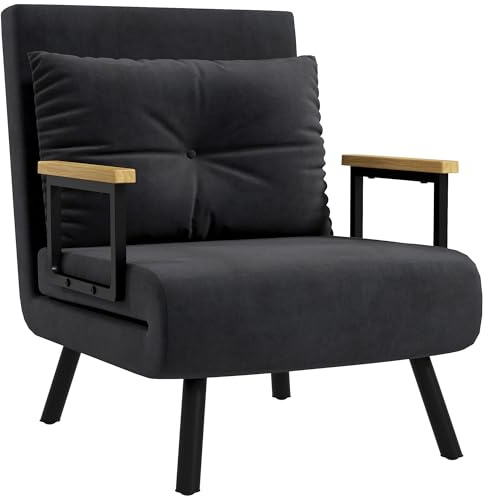 HOMCOM 4 in 1 Poltrona Letto Singolo, Poltrona Pieghevole con Schienale Regolabile in 5 Posizioni, Divano Letto con Cuscino, Seduta Imbottita, in Velluto per Casa e Ufficio, 63x73x81 cm, Nero