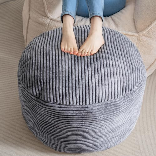 HIGOGOGO Corduroy Beanbags Round Footstool Bean Bag Pouf with Foam Chunk Filling, 65 x 45 cm Floor Poufs Foot Rest for Living Room, Dark Grey