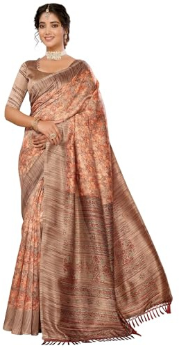 TreegoArt Fashion Kvinnors Konst Siden Indiska Etniska Slitage Tryckt Saree Med Osömd Blus Bit -(DURVI ORANGE)