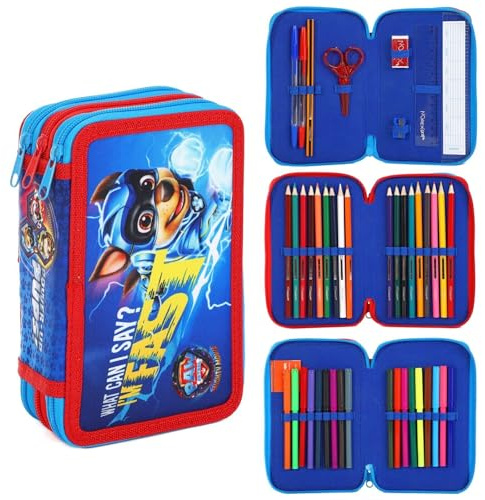 Paw Patrol Filled Pencil Case – 45 Piece Stationery Set for Kids – Includes Colouring Pencils, Felt Tip Pens, Ruler, Scissors & More – Chase ‘I’m Fast’ Design – School & Home Supplies 3 Tier Set