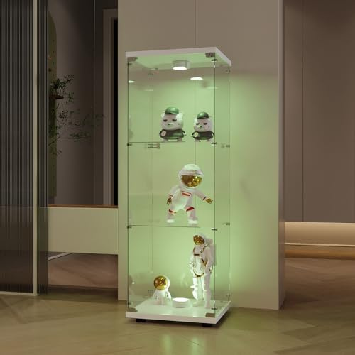 YLSZHY Vitrina de vidrio de 4 estantes con puertas dobles, armario de cristal templado con cerradura, vitrina de colección, estantería de pie para sala de estar y dormitorio (blanco, 3 niveles con luz