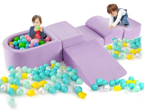 COSTWAY Juego de Escalada y Rampa de 5 Piezas, Bloque de Escalada con Piscina de Pelota Infantil, Funda Lavable a Máquina con Cremallera, Bloques de Construcción Creativos,Sin Pelotas de Mar (violeta)
