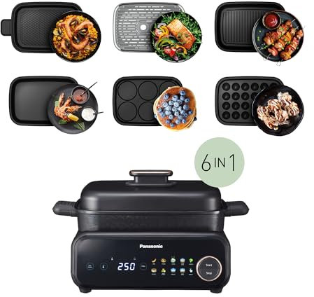 Panasonic NF-GM600 Multicuiseur Electrique 6-en-1,Plancha, Frire, Cuisson Lente, BBQ, 1400W, 40-250°C,9 Modes Automatiques, 6 Accessoires,Extracteur de Fumée,Lavable au Lave-Vaisselle, Cordon de 2,5m