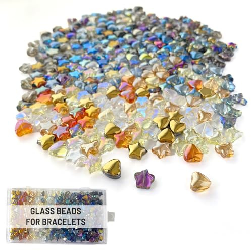 Zzcy 300 Perline Vetro Colorate 8mm Perline Acrilico a Forma di Stella, Cuore, Farfalla Set di Perle per Braccialetti Perla di Vetro per Bigiotteria Fai Da Te, con 5 m Filo Elastico