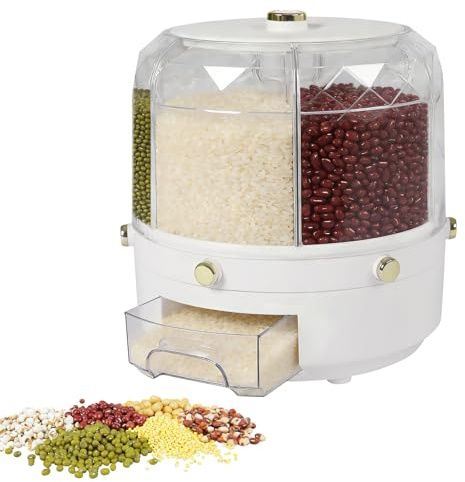 XEJMEOO Rice Food Grain Dispenser, 6 Grids Rice & Grain Storage Container 360° Rotatable Grain Dispenser One-Button Pressing Storage Bucket for Grains Snacks Coffee Beans Pet Food Dispenser (13.2LBS)