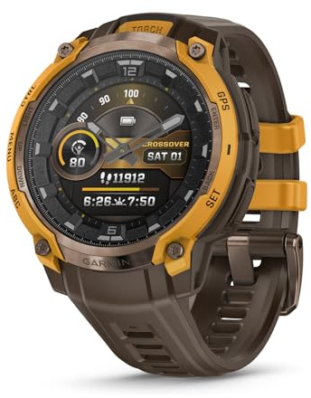 Garmin Instinct Crossover AMOLED, Reloj Inteligente GPS híbrido Resistente con manecillas de Reloj analógicas y Pantalla AMOLED Brillante, Bronce/Rayos solares con Correa de Silicona de Cacao
