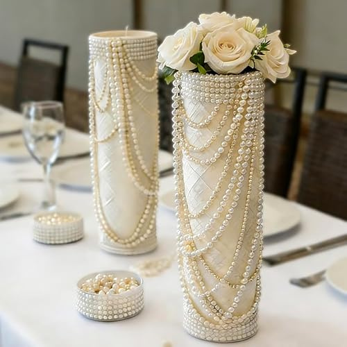 JarThenaAMCS 32Pcs Wedding White Pearl Beads Garland with Hooks Artificial Pearl Strand Chain White Faux Pearl Hanging String for Wedding Party Decoration DIY Crafts Supplies, Multi Sizes