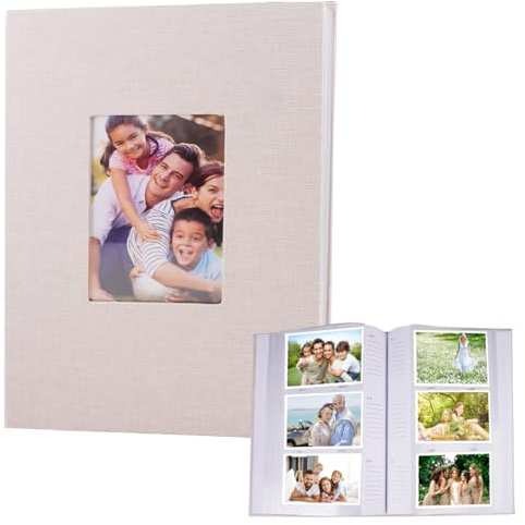 Varenzya Album Photo 10x15cm 300 Pochettes,Photo Album Plug-In avec Couverture en Lin,Album-Photo avec Espace pour Écrire,Albums Photos avec DIY Fenêtre pour Famille,Mariage,Voyages,Enfants (Beige)