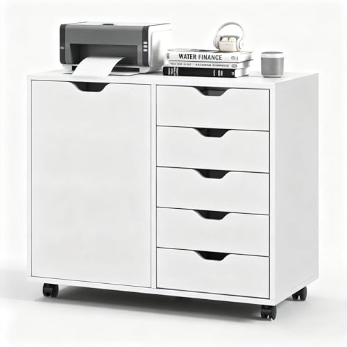 5-Drawer Wood Drawer Cabinet, Office Storage Cabinet with Adjustable Shelf & Wheels, Printer Stand for Home Office, White, 15.7 D x 30.7 W x 25.4 H