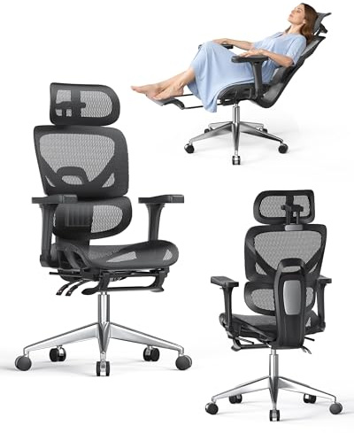 naspaluro Sedia Ufficio Ergonomica, Sedia da scrivania Braccioli 3D Poggiatesta Schienale Alto Rete, Supporto Lombare, Poggiapiedi, Sedia Girevole Computer per Casa Ufficio, Lavoro e Gaming-Nero
