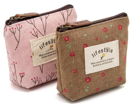 Small Purses for Women, 2 Pack Floral Canvas Coin Purse, Mini Zip Pouch | Floral print; smooth zipper; linen fabric