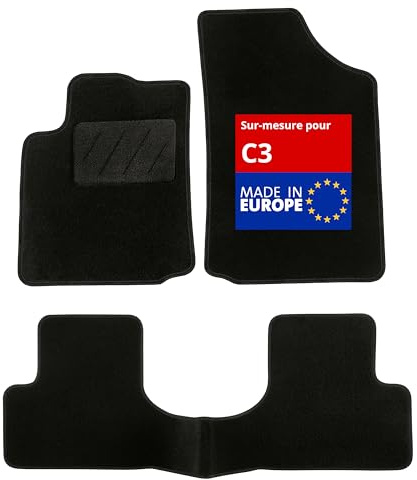 DBS - Tapis de Sol Voiture - sur Mesure - Adapté à Votre Citroen C3 (07/2016-06/2024) Antidérapant : Clips de Fixation et Autogrip - 3 pièces : Protection du Pont arrière - Moquette