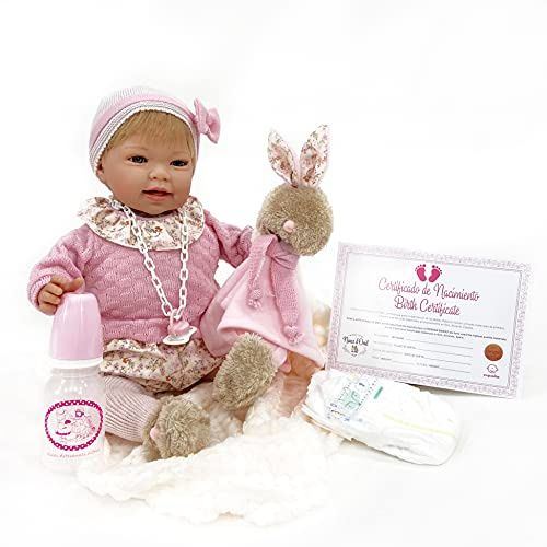 Muñeca TITA Reborn con Accesorios, muñeca Reborn con un Peso aproximado de 1,5kg y con Cuerpo blandito y articulado. Complemento pañal, Chupete con Cadena, Manta y biberón. Tamaño de 48cm