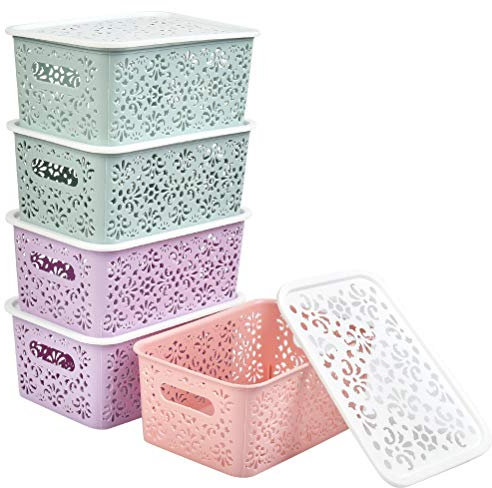 BUYGOO 5Pcs Plastic Storage Baskets with Lids Muti-colour Plastic Organizer Baskets with Handle Small Plastic Rattan Baskets for Shelve, Kitchen, Cupboards, Fridge
