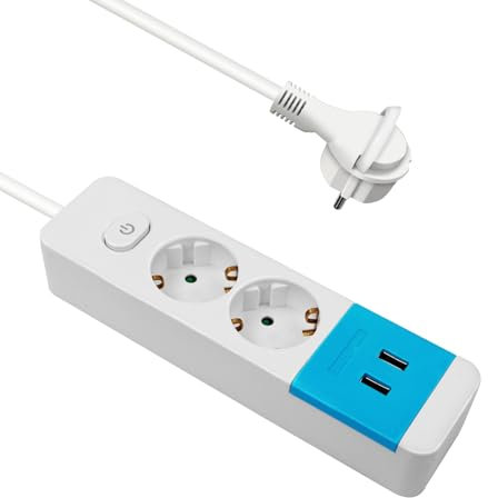 EXTRASTAR Regleta Enchufe con 2 Tomas y 2 Puertos de USB, Alargador Enchufe con Interruptor, 1.5 m, para El Hogar, La Oficina y Los Viajes, 3680W, 3G*1.0mm², 1pc